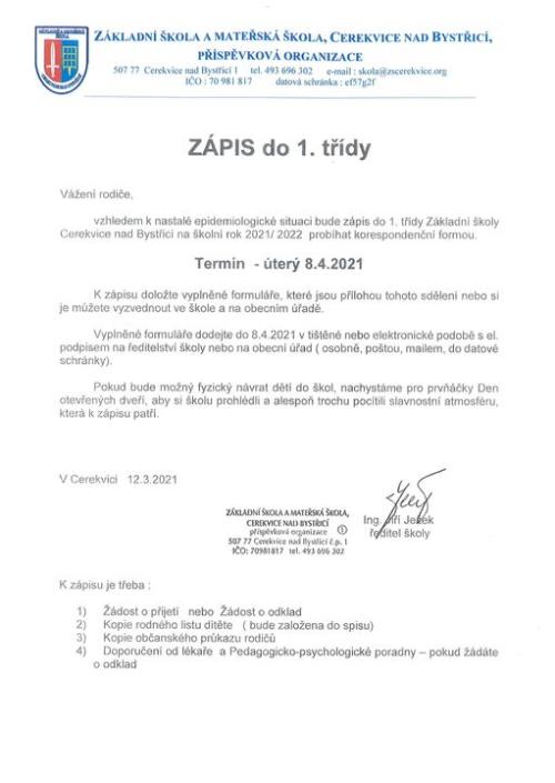 Informace k zápisu