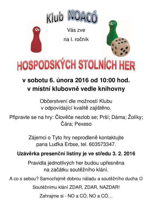Klub NOACÓ Vá zve na 1. ročník hospodských her